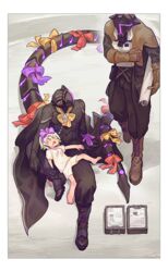  2boys bad_id bad_pixiv_id bondrewd boots bow drooling duplicate female gueira_(made_in_abyss) helmet jacket made_in_abyss multicolored_hair multiple_boys musical_note notepad open_mouth paper_roll pixel-perfect_duplicate prushka red_eyes ribbon saiko67 sleeping sleeping_on_person smile tail whistle zzz 