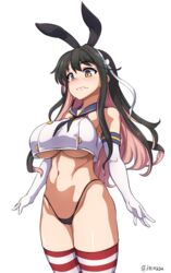  black_hair black_panties blue_sailor_collar breasts commentary_request cosplay cowboy_shot crop_top crop_top_overhang elbow_gloves female gloves hairband highleg highleg_panties highres isemagu kantai_collection large_breasts long_hair multicolored_hair naganami_(kancolle) navel no_pants oerba_yun_fang panties pink_hair remodel_(kantai_collection) ribbon sailor_collar shimakaze_(kancolle) shimakaze_(kancolle)_(cosplay) simple_background solo standing striped_clothes striped_thighhighs thighhighs thighs twitter_username underboob underwear wavy_mouth white_background white_gloves white_ribbon yellow_eyes 