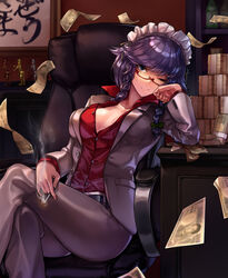  ;) armchair belt bespectacled black_belt bottle bow braid breasts buttons chair cigarette closed_mouth collared_shirt commentary_request cookie_(touhou) cosplay desk dress_shirt female formal glasses green_bow grey_eyes grey_jacket grey_pants grey_suit hairbow head_rest head_tilt highres indoors izayoi_sakuya jacket kiryu_kazuma kiryu_kazuma_(cosplay) light_smile long_sleeves maid_headdress manatsu_no_yo_no_inmu medium_breasts megafaiarou_(talonflame_810) meme money neta no_bra office_lady on_chair one_eye_closed pants partially_unbuttoned pocket popped_collar purple_hair red-framed_eyewear red_shirt remilia_scarlet ryuu_ga_gotoku_(series) ryuuga_(cookie) sakura_(cookie) semi-rimless_eyewear shirt sitting smile smoke solo suit touhou twin_braids under-rim_eyewear white_headdress white_pants yajuu_senpai 