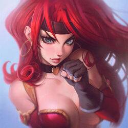  bad_id bad_tumblr_id bare_shoulders battle_chasers breasts choker cleavage clenched_hand detached_sleeves earrings female fingerless_gloves gloves green_eyes headband ilya_kuvshinov jewelry large_breasts lips long_hair looking_at_viewer photoshop_(medium) red_hair red_monika solo upper_body 