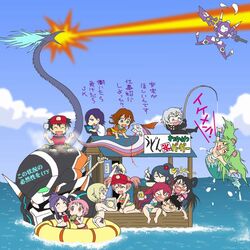  4boys 6+girls amy_(suisei_no_gargantia) ashiya_shirou bikini chamber_(suisei_no_gargantia) chibi cloud commentary_request crossover day drunk fish hataraku_maou-sama! hinata_yukari ichii_yui kamazuki_suzuno ledo_(suisei_no_gargantia) levia-san maou_sadao mecha mukoujima_takurou multiple_boys multiple_girls muromi-san namiuchigiwa_no_muromi-san nonohara_yuzuko oarfish ocean otohime_(muromi-san) outdoors paranopoda robot ryaku sasaki_chiho season_connection sky striker_(suisei_no_gargantia) suisei_no_gargantia swimsuit tube urushihara_hanzou water yusa_emi yuyushiki 