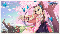  3boys alternate_costume azure_striker_gunvolt blonde_hair bug butterfly carrera_(gunvolt) cherry_blossoms daytona_(gunvolt) diploma female gakuran graduation green_hair hakama hakama_skirt hatakeyama_yoshitaka highres japanese_clothes kimono lumen_(gunvolt) multiple_boys official_art petals purple_hakama red_hair school school_uniform skirt stairs stratos_(gunvolt) white_hair 