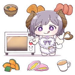  :q aburaage apron blush bright_pupils brown_horns chibi closed_mouth coffee demon_girl demon_horns demon_tail donburi female food frilled_apron frills full_body highres horns kitsune_udon looking_at_viewer meat medium_bangs midori_no_kanban mole mole_under_mouth nanashi_inc. oven pumpkin_slice purple_eyes purple_hair saionji_mary short_hair simple_background smile solo standing tail tongue tongue_out two-piece_apron virtual_youtuber white_apron white_background white_pupils 