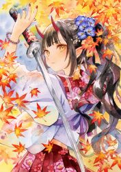  :| absurdres autumn_leaves bead_bracelet beads black_bracelet black_hair blue_flower bracelet choppy_bangs closed_mouth female floral_print flower from_behind hair_flower hair_ornament highres holding holding_sword holding_weapon horns jewelry katana leaf long_sleeves looking_back maple_leaf oni oni_girl original ponytail primrose_(flower) purple_ribbon red_horns red_nails red_skirt ribbon shirt skirt solo sword turning_head upper_body wavy_hair weapon white_shirt yellow_eyes yuyuharu_1027 