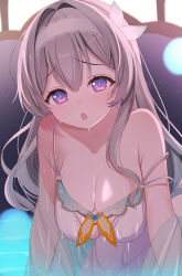  :o absurdres adapted_costume aqua_pupils armpit_crease blue_eyes breasts cleavage dress female firefly_(honkai:_star_rail) furrowed_brow gradient_eyes grey_hair hair_between_eyes hair_intakes hairband hanging_breasts highres honkai:_star_rail honkai_(series) lace-trimmed_hairband lace_trim large_breasts leaning_forward light_blush light_particles long_hair looking_at_viewer multi-strapped_dress multicolored_eyes oguraponti open_mouth purple_eyes raised_eyebrows see-through single_bare_shoulder solo strap_slip white_dress white_hairband 