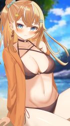  :3 bikini blue_eyes blue_sky blurry blurry_background blush bow breasts brown_bikini brown_choker choker cloud crossed_bangs day ear_piercing earrings female hair_bun hair_ornament hairbow hairclip highres igarashi_rika jacket jewelry large_breasts long_hair looking_at_viewer mole mole_on_breast multi-strapped_bikini_top multicolored_hair navel nijisanji o-ring o-ring_bikini o-ring_choker off_shoulder open_clothes open_jacket orange_hair orange_jacket outdoors piercing ryu_h2so4 side-tie_bikini_bottom single_earring single_side_bun sitting sky solo star_(symbol) star_hair_ornament stomach streaked_hair swimsuit virtual_youtuber water white_hair 