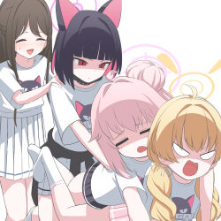  4girls =_= ahoge airi_(band)_(blue_archive) airi_(blue_archive) animal_ears black_hair black_skirt blonde_hair blue_archive bob_cut braid brown_hair cardigan cardigan_around_waist cat_ears closed_eyes closed_mouth clothes_around_waist dot_nose hair_bun hair_ribbon halo hands_on_another&#039;s_shoulders kazusa_(band)_(blue_archive) kazusa_(blue_archive) long_hair looking_at_another medium_hair multicolored_hair multiple_girls natsu_(band)_(blue_archive) natsu_(blue_archive) o_(rakkasei) official_alternate_costume open_mouth pink_hair pink_halo pink_skirt red_eyes ribbon shaded_face shirt short_hair short_sleeves sidelocks skirt slit_pupils triangle_mouth twin_braids v-shaped_eyebrows v-shaped_eyes white_ribbon white_shirt white_skirt yellow_halo yoshimi_(band)_(blue_archive) yoshimi_(blue_archive) 