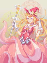  absurdres blonde_hair blue_skirt blush boluo_koro bow breasts brown_background brown_hair colored_skin commentary_request embarrassed female frilled_skirt frills gloves gradient_background hat hat_bow highres holding holding_staff leaning_back long_hair looking_to_the_side magic_circle magical_girl medium_breasts monster_girl multicolored_skin original pink_shirt pink_skin purple_eyes scylla shirt skirt slime_(substance) staff tentacle white_gloves wide_brim witch_hat yellow_background 