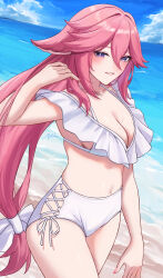  absurdres alternate_costume animal_ears beach bikini blue_sky blush breasts cleavage cloud collarbone commentary_request cowboy_shot day female fox_ears fox_girl genshin_impact hair_between_eyes hal_aluha hand_up highres long_hair looking_at_viewer medium_breasts navel outdoors panties parted_lips pink_hair purple_eyes signature sky smile solo stomach swimsuit teeth thighs underwear very_long_hair water wet white_bikini white_panties yae_miko 