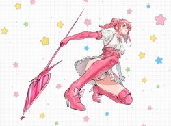  boots bow bowtie drill_hair elbow_gloves female full_body gloves hanabishi_haruka high-waist_skirt holding holding_polearm holding_weapon magia_magenta magical_girl mahou_shoujo_ni_akogarete molybdaenu63133 on_one_knee panties pink_bow pink_bowtie pink_gloves pink_hair pink_skirt polearm puffy_short_sleeves puffy_sleeves shirt short_sleeves skirt solo spear star_(symbol) thigh_boots twin_drills underwear weapon white_panties white_shirt 