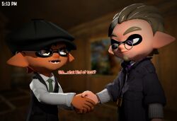  3d_(artwork) animal_humanoid cephalopod cephalopod_humanoid clothing digital_media_(artwork) duo english_text eyewear friendlygoon glasses hi_res humanoid inkling male male/male marine marine_humanoid mollusk mollusk_humanoid nintendo pinkman_(friendlygoon) round_glasses splatoon text tommy_(friendlygoon) worried_face 