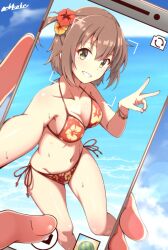  1boy bikini blue_sky breasts brown_eyes brown_hair cellphone cellphone_photo cleavage cloud commentary_request etou_kanami facial_recognition fake_phone_screenshot fake_screenshot feet_out_of_frame female floral_print grin highres medium_breasts motsutoko one_side_up phone red_bikini short_hair side-tie_bikini_bottom sky smartphone smile swimsuit toji_no_miko 