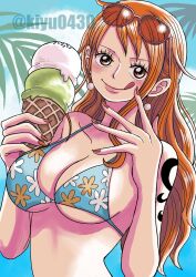  aqua_bikini bare_arms bare_shoulders bikini blue_sky blush breasts cleavage closed_mouth cloud cloudy_sky collarbone commentary_request earrings eyewear_on_head female floral_print floral_print_bikini halterneck hand_up highres holding holding_ice_cream_cone ice_cream_cone jewelry kiyu_(zuyu) large_breasts long_hair looking_at_viewer midriff nail_polish nami_(one_piece) necktie ocean official_alternate_costume one_piece orange_necktie outdoors palm_leaf pearl_earrings pink-framed_eyewear print_bikini shoulder_tattoo single_sidelock sky smile solo sunglasses swimsuit tattoo tongue tongue_out twitter_username upper_body wavy_hair 