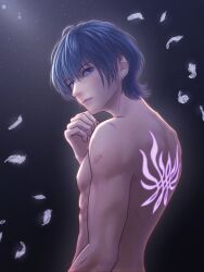  1boy abs arm_up bare_shoulders black_background blue_eyes blue_hair byleth_(fire_emblem) byleth_(male)_(fire_emblem) closed_mouth commentary cowboy_shot crest curled_fingers eyelashes falling_feathers family_crest feathers fire_emblem fire_emblem:_three_houses hair_behind_ear hand_out_of_frame highres light_particles light_rays looking_back male_focus nape pectorals sidepec simple_background solo sunbeam sunlight topless_male white_feathers wrainbow13 