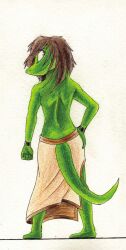  anthro bare_back barefoot bottomwear bracelet brown_hair clothed clothing feet female furgonomic_bottomwear furgonomics gecko green_body green_scales hair hi_res irene_(katnay) jewelry katnay lizard long_tail looking_at_viewer looking_back partially_clothed pose purple_eyes reptile scales scalie short_hair simple_background skirt smile solo split_skirt standing tail tasteful topless white_background 