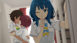  3girls blue_bow blue_bowtie blue_hair blurry blurry_background bow bowtie brown_hair closed_eyes collared_shirt commentary_request dark-skinned_female dark_skin finger_to_mouth green_bow green_bowtie hair_bobbles hair_ornament hand_on_another&#039;s_back highres hug indoors kissing komari_chika laofuzi_dai_bansho looking_at_viewer make_heroine_ga_oo_sugiru! medium_hair multiple_girls mutual_hug one_eye_closed revision school_uniform shirt short_hair short_ponytail short_sleeves shushing side_ponytail smile upper_body white_shirt yakishio_remon yanami_anna yellow_bow yellow_bowtie yuri 