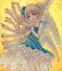  angel_wings blonde_hair blue_dress blue_eyes blush cropped_legs dress extra_arms feathered_wings female frilled_dress frills hair_ornament hair_scrunchie hantoumei_namako lolicon looking_at_viewer monster_girl multiple_wings open_mouth original own_hands_together pale_skin scrunchie solo teeth traditional_media twintails upper_teeth_only wings yellow_background 