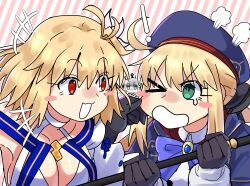  ! 3girls absurdres ahoge arcueid_brunestud artoria_caster_(fate) artoria_caster_(second_ascension)_(fate) artoria_pendragon_(fate) bare_shoulders beret black_gloves blonde_hair blue_cape blue_eyes blue_hat blush blush_stickers breasts cape cheek_pinching cleavage detached_sleeves dress ebora fate/grand_order fate_(series) flower gloves green_eyes grey_hair hair_flower hair_ornament hat highres hood hooded_cape large_breasts long_hair long_sleeves morgan_le_fay_(fate) multicolored_cape multicolored_clothes multiple_girls pinching red_cape red_eyes short_hair small_breasts staff tearing_up tsukihime twintails white_dress 