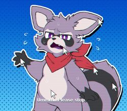  2024 4_fingers annoyed anthro blue_background bodily_fluids english_text explicitly_stated_nonconsent fangs fingers fuyugaki15 half-closed_eyes hi_res indigo_park japanese_description male mammal mouse_cursor narrowed_eyes nervous open_mouth procyonid purple_eyes raccoon rambley_raccoon simple_background solo subtitled sweat tail teeth text 