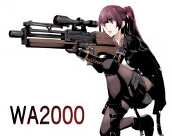  ai-assisted aiming black_gloves black_jacket black_pantyhose boots bullpup character_name collared_shirt commentary_request female girls&#039;_frontline girls&#039;_frontline_2:_exilium gloves gun hair_ribbon holding holding_gun holding_weapon jacket kisaragi_shokuin knee_pads long_hair long_sleeves makiatto_(girls&#039;_frontline_2) necktie on_one_knee open_mouth pantyhose purple_hair red_eyes red_necktie red_ribbon ribbon rifle scope shirt side_ponytail simple_background sniper_rifle solo wa2000_(girls&#039;_frontline) walther walther_wa_2000 weapon white_background white_shirt 