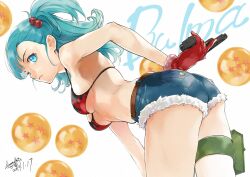  ass beretta_92 bikini bikini_top_only blue_eyes blue_hair breasts bulma_briefs closed_mouth dated denim denim_shorts dragon_ball dragon_ball_(classic) dragon_ball_(object) female flame_print gloves gun hair_bobbles hair_ornament handgun highres himiko_(326ontheweb) holding holding_gun holding_weapon long_hair looking_at_viewer shorts solo swimsuit thigh_strap weapon white_background 