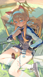  absurdres adjusting_collar animal_ear_fluff bandages black_shoes black_shorts blood blood_on_leg blue_archive blue_eyes blue_jacket blue_ribbon bottle cat_girl chinese_commentary closed_mouth commentary cuts desk double-parted_bangs female first_aid flower foot_out_of_frame from_above gym_shorts gym_uniform hair_flower hair_flowing_over hair_ornament hair_ribbon hair_spread_out hairband halo highres holding holding_bottle injury jacket mari_(blue_archive) mari_(track)_(blue_archive) multicolored_jacket official_alternate_costume official_alternate_hairstyle omurice_(304975636) on_grass orange_hair outdoors paper plastic_bottle ponytail pouring pouring_onto_self ribbon school_desk shoelaces shoes shorts sidelocks sitting socks solo track_jacket two-tone_jacket water_bottle white_flower white_hairband white_jacket white_socks yellow_halo yokozuwari 