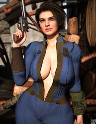  1girls 3d abs big_breasts bikini blue_eyes bob_cut breasts capcom cleavage clothing computer crossover electronics fallout fallout_4 female female_only firearm fit handgun hi_res high_resolution highres human inner_sideboob jill_valentine jill_valentine_(sasha_zotova) jumpsuit large_breasts looking_at_viewer navel no_eyewear pale_skin pip-boy realistic resident_evil resident_evil_3 resident_evil_3_remake revolver rude_frog schofield_revolver short_hair solo solo_female thick_thighs vault_suit weapon wristwear 