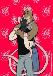 2020 anthro bottomwear brown_body brown_fur buckteeth clothing colored dated duo ear_piercing floral_pattern fur hi_res hug hugging_another hugging_from_behind jewelry male mammal murid murine muscular muscular_male necklace pants pattern_background piercing rat rat_tail rodent shirt simple_background size_difference smile standing tail teeth text tiptoe_(tiptoe) topwear url whitecolt_productions 
