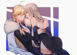  2girls ahoge artoria_pendragon_(fate) artoria_pendragon_(lancer)_(fate) ass bad_id bad_twitter_id bare_shoulders blonde_hair braid breasts brown_hair capelet cleavage fate/grand_order fate_(series) fur-trimmed_capelet fur_trim green_eyes hair_down half_up_braid hand_on_another&#039;s_thigh incest large_breasts looking_at_viewer morgan_le_fay_(fate) multiple_girls sidelocks thighhighs thighs yorukun yuri 