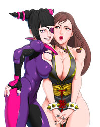  2girls absurdres asymmetrical_docking bare_shoulders black_dress black_hair bodysuit breast_press breasts cheek-to-cheek chinese_clothes chun-li cleavage dress drill_hair fingerless_gloves gloves heads_together highres juri_han large_breasts lipstick long_hair looking_at_viewer makeup medium_breasts multiple_girls nail_polish official_alternate_costume open_mouth pelvic_curtain photoshop_(medium) purple_eyes ryohhe short_hair simple_background smile street_fighter street_fighter_v twin_drills white_background 