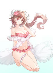  absurdres alche_(benruce) animal_ears antenna_hair arknights bare_legs bare_shoulders barefoot bikini breasts bridal_garter brown_eyes brown_hair cleavage closed_mouth collarbone commentary_request eyjafjalla_(arknights) eyjafjalla_(summer_flower)_(arknights) female floating_hair flower full_body hair_flower hair_ornament hand_in_own_hair hand_up highres horns large_breasts long_hair looking_at_viewer midriff navel off-shoulder_bikini off_shoulder official_alternate_costume pink_bikini pink_flower plaid plaid_bikini sheep_ears sheep_girl sheep_horns shirt simple_background solo swimsuit swimsuit_cover-up 