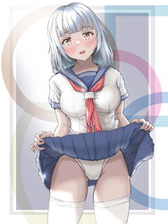  blue_sailor_collar blue_skirt blunt_bangs blush breasts brown_eyes cameltoe clothes_lift commentary_request competition_swimsuit cowboy_shot female grey_hair highres lifting_own_clothes looking_at_viewer mashinatsu medium_breasts neckerchief one-piece_swimsuit original pleated_skirt red_neckerchief sailor_collar school_uniform serafuku short_hair skirt skirt_lift solo standing swimsuit swimsuit_under_clothes thighhighs white_thighhighs 