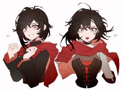  alternate_costume black_hair cape choker cloak corset female grey_eyes hair_between_eyes highres hood hood_down hooded_cloak long_sleeves looking_at_viewer multicolored_hair multiple_views open_mouth red_hair ruby_rose rwby short_hair simple_background teeth tongue upper_body white_background yuji_(fantasia) 