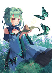  absurdres animal_print black_bow blue_butterfly blue_dress blush bow breasts bug butterfly butterfly_print cleavage_cutout clothing_cutout commentary detached_collar detached_sleeves double-parted_bangs double_bun dress earrings female food green_eyes green_hair hair_bun hair_ornament hairbow highres hololive jewelry leaf long_sleeves medium_breasts medium_hair natsuki_(digretking) red_eyes short_dress skull_earrings skull_hair_ornament solo strapless strapless_dress uruha_rushia uruha_rushia_(1st_costume) virtual_youtuber wide_sleeves 