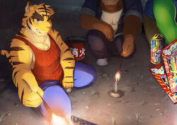  2022 absurd_res anthro asian_mythology bear blue_bottomwear blue_clothing blue_eyes blue_pants blue_shorts blue_topwear blue_vest blush bottomwear brown_body brown_fur brown_stripes candle chest_tuft clothing countershade_torso countershading dragon east_asian_mythology eastern_dragon felid fireworks footwear foreshortening fur green_body green_scales grey_clothing grey_footwear grey_shoes group hi_res juuichi_mikazuki khaki_shorts male mammal morenatsu mythological_creature mythological_scalie mythology night one_eye_closed pantherine pants pink_nose red_clothing red_shirt red_tank_top red_topwear ry_o scales scalie shirt shoes shorts solo_focus stripes tan_body tan_fur tank_top tatsuki_(morenatsu) tiger topwear torahiko_(morenatsu) trio tuft vest white_clothing white_shirt white_topwear yellow_body yellow_fur 