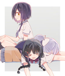  3girls black_hair border bow bowtie braid brown_sweater closed_eyes closed_mouth clothes_around_waist collared_shirt commentary_request drooling grey_background grey_skirt hair_ornament hairbow hairclip higuchi_kaede higuchi_kaede_(3rd_costume) jk_gumi_(nijisanji) long_hair looking_at_viewer lying lying_on_person multiple_girls necktie nijisanji on_stomach open_mouth pink_bow pink_bowtie plaid plaid_skirt ponytail profile purple_hair purple_necktie red_bow red_bowtie school_uniform shirt shizuka_rin shizuka_rin_(3rd_costume) short_hair short_sleeves sideways_glance simple_background sitting skirt sleeping smile sou_(tuhut) sweater sweater_around_waist tsukino_mito tsukino_mito_(3rd_costume) twin_braids virtual_youtuber white_border white_bow white_shirt 