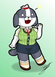  animal_crossing anthro big_breasts bottomwear breasts canid canine canis clothing cosplay crossover crossover_cosplay d13w0tt_(artist) dogs_in_space domestic_dog female footwear fur green_background green_clothing grey_body grey_fur grey_tail hi_res looking_at_viewer mammal multicolored_body multicolored_fur netflix nintendo nomi_(dogs_in_space) shih_tzu shoes short_stack simple_background singature skirt smile socks solo tail thick_thighs topwear toy_dog two_tone_body two_tone_fur uniform vest white_body white_fur 