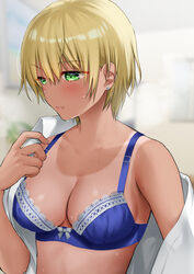  abe_hikaru absurdres blonde_hair blue_bra bra breasts cleavage closed_mouth collarbone commentary_request earrings female green_eyes highres jewelry lace-trimmed_bra lace_trim looking_away looking_down medium_breasts off_shoulder one-piece_tan one_eye_closed open_clothes open_shirt original shirt short_hair single_bare_shoulder solo stud_earrings sweat tan tanlines underwear undressing white_shirt 