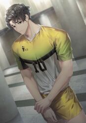  1boy bad_id bad_twitter_id black_eyes black_hair closed_mouth expressionless haikyuu!! hand_on_own_arm hemoon holding_own_arm indoors looking_at_viewer male_focus mole sakusa_kiyoomi short_sleeves shorts solo sportswear volleyball_uniform yellow_shorts 