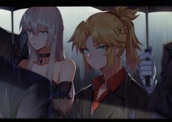  2girls absurdres bad_id bad_twitter_id bare_shoulders blonde_hair braid breasts cellphone choker elbow_gloves fate/apocrypha fate/grand_order fate_(series) formal funeral gloves green_eyes hair_between_eyes half_up_braid highres letterboxed looking_at_viewer mordred_(fate) mordred_(fate/apocrypha) morgan_le_fay_(fate) mother_and_daughter multiple_girls phone platinum_blonde_hair ponytail rain sidelocks smartphone suit umbrella yorukun 