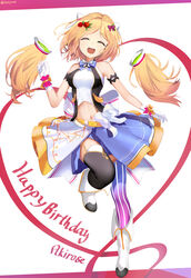  aki_rosenthal apple_hair_ornament armband asymmetrical_legwear bare_shoulders birthday blonde_hair bob_cut breasts character_name closed_eyes commentary detached_hair english_text female flower food-themed_hair_ornament fuenyuan gloves hair_flower hair_ornament headgear highres hololive hololive_idol_uniform idol_clothes long_hair low_twintails midriff navel nonstop_story official_alternate_costume open_mouth parted_bangs rose short_hair solo teeth thighhighs twintails twitter_username uneven_legwear upper_teeth_only virtual_youtuber white_gloves 