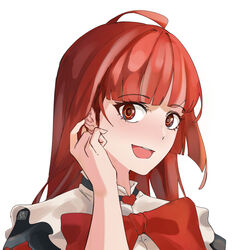  adjusting_hair ahoge ameiarts artist_name blunt_bangs blush bow bowtie commentary eyelashes female heart highres hololive hololive_indonesia huge_bow kureiji_ollie long_hair looking_at_viewer olivia_(kureiji_ollie) open_mouth red_bow red_bowtie red_eyes red_hair simple_background solo virtual_youtuber white_background 