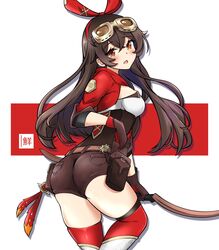  amber_(genshin_impact) ass belt belt_pouch black_gloves black_hair boots breasts brown_eyes brown_shorts female freshtango genshin_impact gloves goggles goggles_on_head hair_ribbon highres knee_boots long_hair looking_at_viewer looking_back medium_breasts open_mouth pouch red_thighhighs ribbon shirt short_shorts shorts shrug_(clothing) skindentation solo thighhighs thighs underbust white_footwear white_shirt 