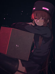  ander_(at2.) at2. beanie black_hat black_jacket black_skirt black_thighhighs blush brown_hair closed_mouth commentary_request cube enderman female garter_straps glowing hair_between_eyes hat highres jacket long_hair long_sleeves looking_at_viewer minecraft personification pleated_skirt purple_eyes sitting skirt smile solo thighhighs twitter_username very_long_hair 