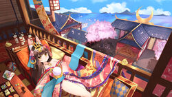  animal_ears architecture azur_lane bed bento black_hair blue_sky breasts character_doll cherry_blossoms cleavage cloud cloudy_sky collarbone commentary_request cup dango east_asian_architecture female food fox_ears hair_ornament horizon island japanese_clothes jewelry kanzashi kimono kokeshi long_hair long_sleeves looking_at_viewer lying manjuu_(azur_lane) mountain mountainous_horizon mutsu_(azur_lane) nagato_(azur_lane) nagato_(guardian_fox&#039;s_shining_furisode)_(azur_lane) nc731 necklace obi ocean outdoors petals pillow sash sky small_breasts tea thighs wagashi wide_sleeves yellow_eyes yunomi 