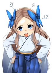  angry asakaze_(kancolle) blue_bow blue_eyes blue_hakama bow cowboy_shot female forehead hairbow hakama hakama_skirt hands_on_own_hips highres japanese_clothes kantai_collection leaning_forward light_brown_hair long_hair looking_at_viewer meiji_schoolgirl_uniform nassukun open_mouth parted_bangs puff_of_air round_teeth shiny_forehead sidelocks simple_background skirt solo teeth upper_teeth_only wavy_hair white_background 