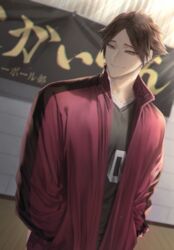  1boy bad_id bad_twitter_id black_hair haikyuu!! hands_in_pockets hemoon indoors jacket long_sleeves looking_at_viewer male_focus open_clothes open_jacket open_mouth short_hair smile solo sportswear standing suna_rintarou track_jacket volleyball_uniform 