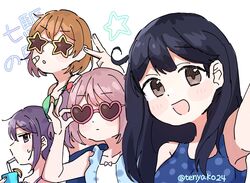  4girls :d ahoge akebono_(kancolle) bandaid bandaid_on_face black_hair blue_one-piece_swimsuit brown_eyes brown_hair casual_one-piece_swimsuit drinking_straw hair_bobbles hair_ornament heart heart-shaped_eyewear highres kantai_collection long_hair looking_at_viewer multiple_girls oboro_(kancolle) one-piece_swimsuit open_mouth pink_hair polka_dot polka_dot_swimsuit purple_eyes purple_hair sazanami_(kancolle) short_hair smile star-shaped_eyewear star_(symbol) sunglasses swimsuit tenyako_(mirasato24) twintails twitter_username upper_body ushio_(kancolle) ushio_(swimsuit_mode)_(kancolle) 