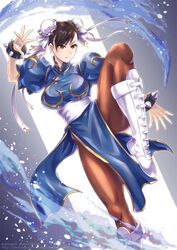  blue_dress blue_fire boots bracelet breasts brown_eyes brown_hair brown_pantyhose bun_cover china_dress chinese_clothes chun-li cross-laced_footwear double_bun dress earrings eyebrows eyeshadow female fighting_stance fire hair_bun jewelry large_breasts lips makeup pantyhose puffy_short_sleeves puffy_sleeves sash shingo_(picturepuzzle) short_sleeves smile solo spiked_bracelet spikes standing standing_on_one_leg street_fighter street_fighter_ii_(series) tights_day twitter_username white_footwear 