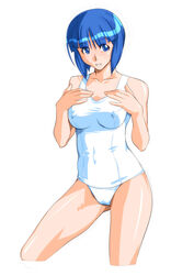  blue_hair breasts covered_nipples female looking_at_viewer medium_breasts mirai_(super_real_mahjong) qkat_(arikawa-dou) short_hair simple_background solo super_real_mahjong swimsuit white_background 